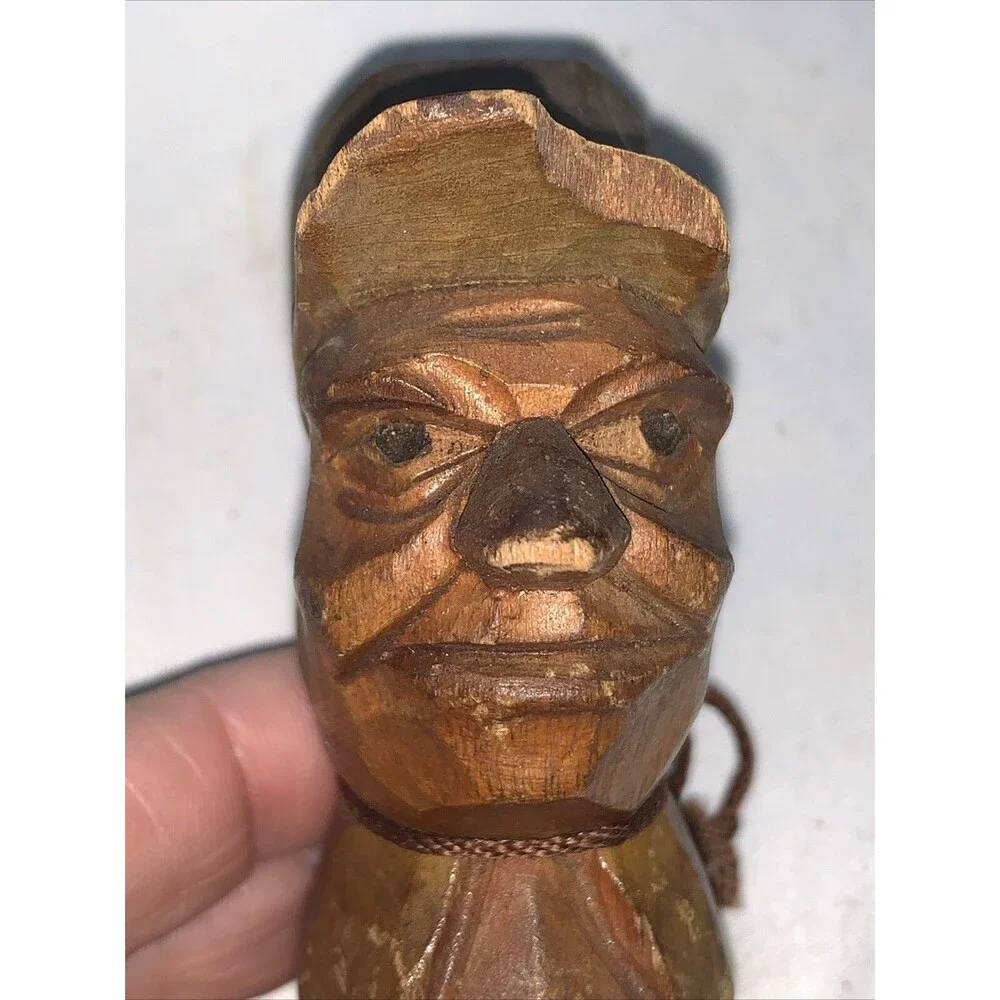 Vintage Hand Carved Folk Art Wine Bottle Stopper Metal Spout Wooden Man Barware